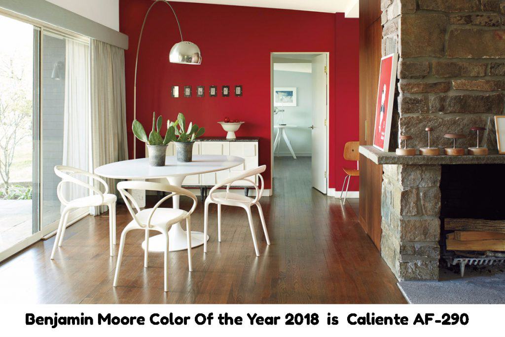 Dining room painted with red Benjamin Moore Caliente AF-290 color