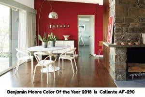 Dining room painted with red Benjamin Moore Caliente AF-290 color